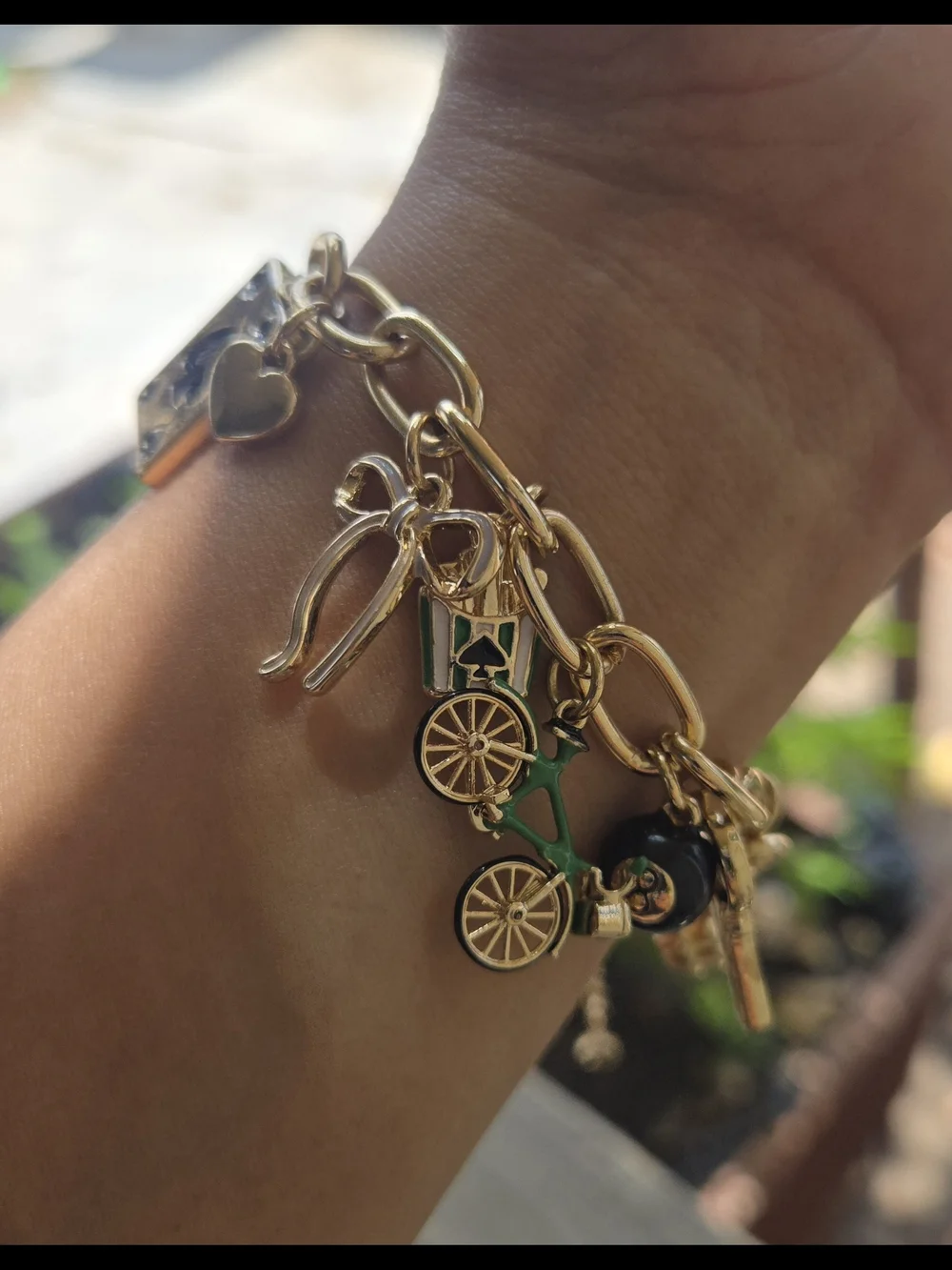Gold Charm Bracelet with Pink & Green Accents - Women's Fashion Bracelet